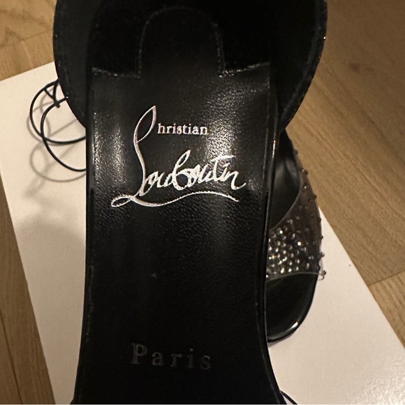NEW Christian Louboutin Degratina Black Glitter Rhinestone PVC Sandal Tie Heels - Picture 7 of 11